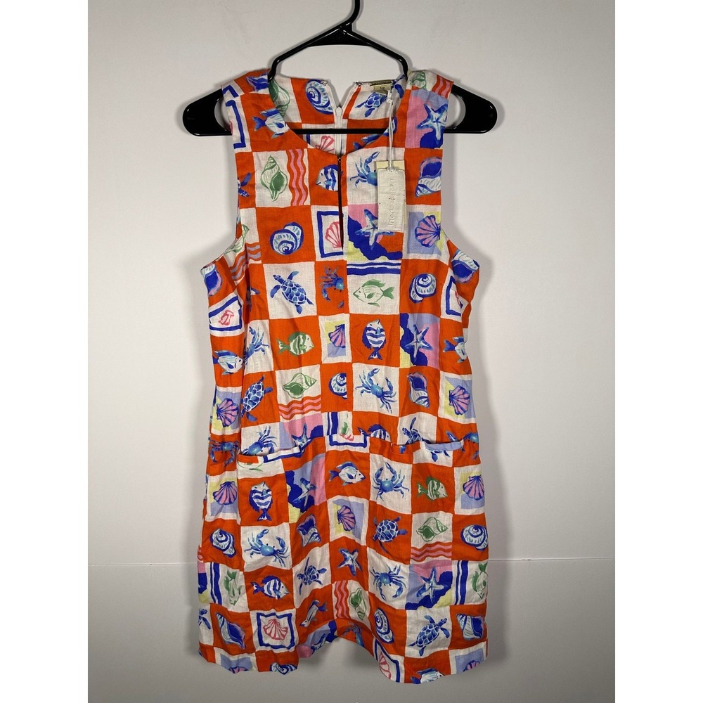 Magaschoni Dress Womens S Linen Sleeveless Sea Life Print Orange Pocket $178MSRP